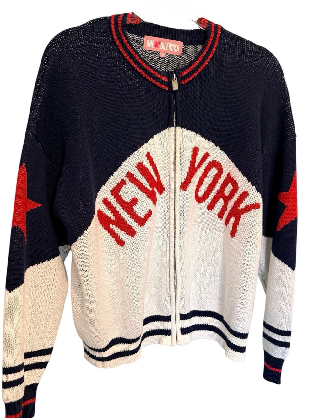One Dilemma New York Cotton Zip Front Sweater Navy Cream Red Size M